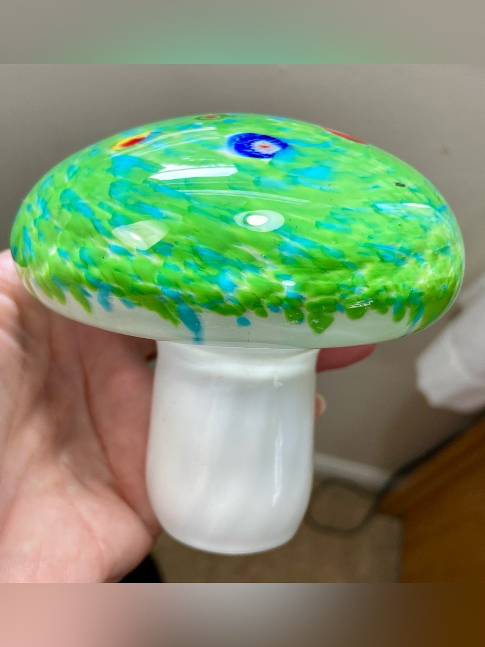 Art Glass Mushroom Green and White with Multicolored Millifiore on Top